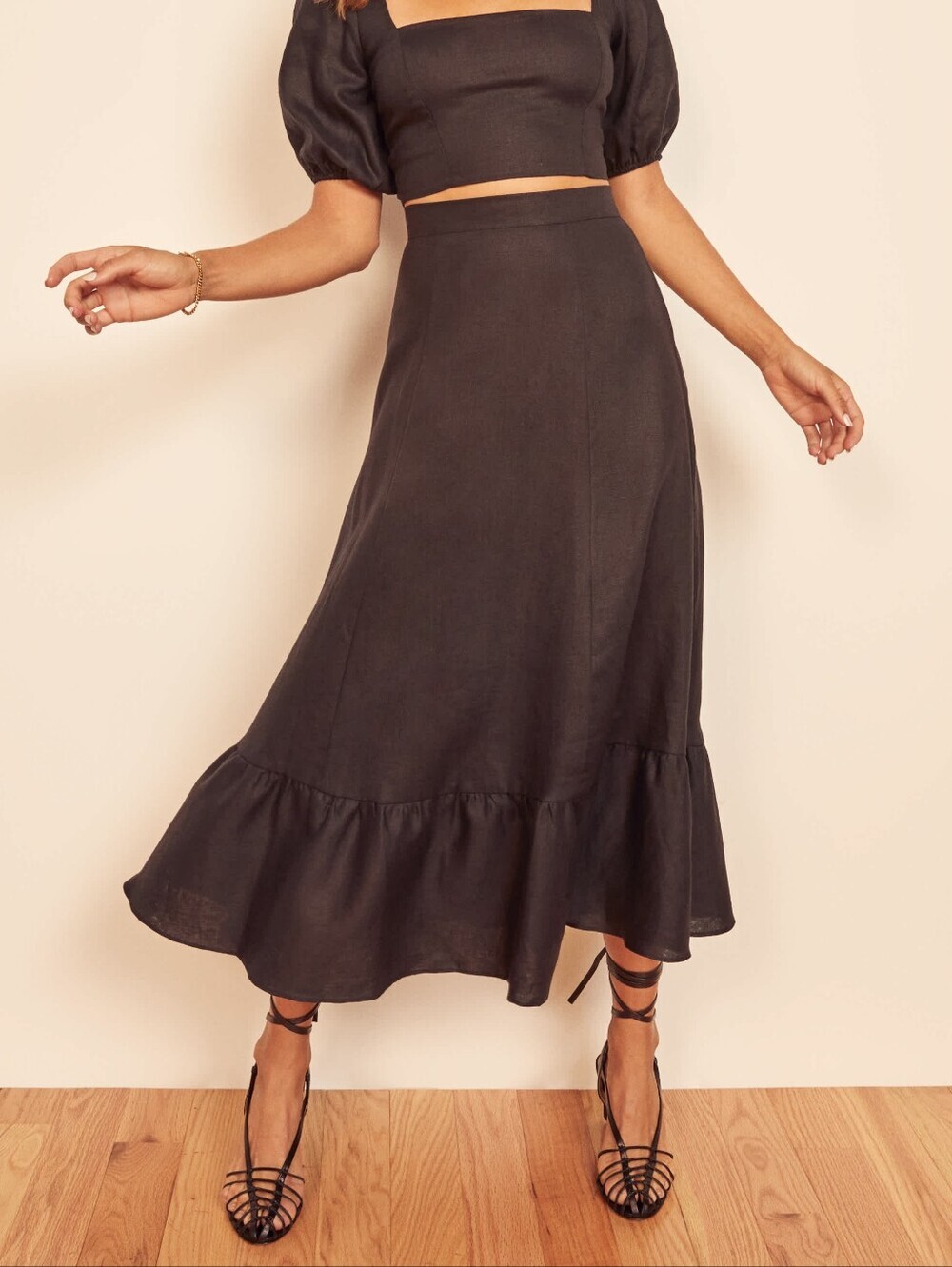Reformation Black 100% Linen High Rise Tiered Flowy Yucca Midi Skirt 4